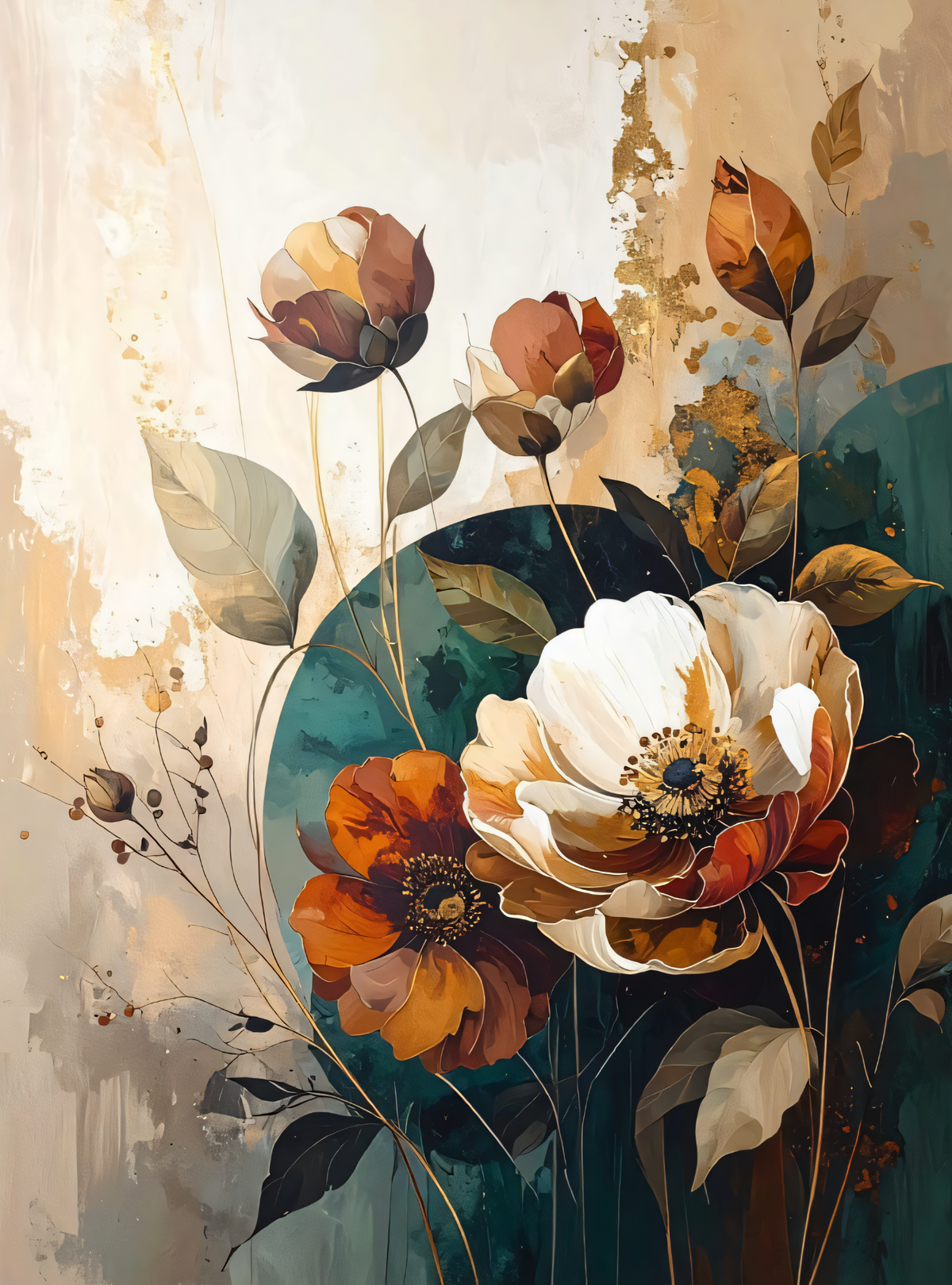 Modern Terracotta & Teal Botanical Floral Canvas Print - Peony Wall Art with Golden Accents