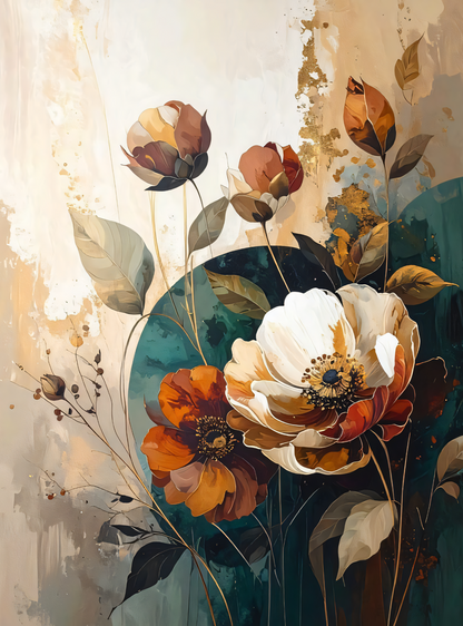 Modern Terracotta & Teal Botanical Floral Canvas Print - Peony Wall Art with Golden Accents