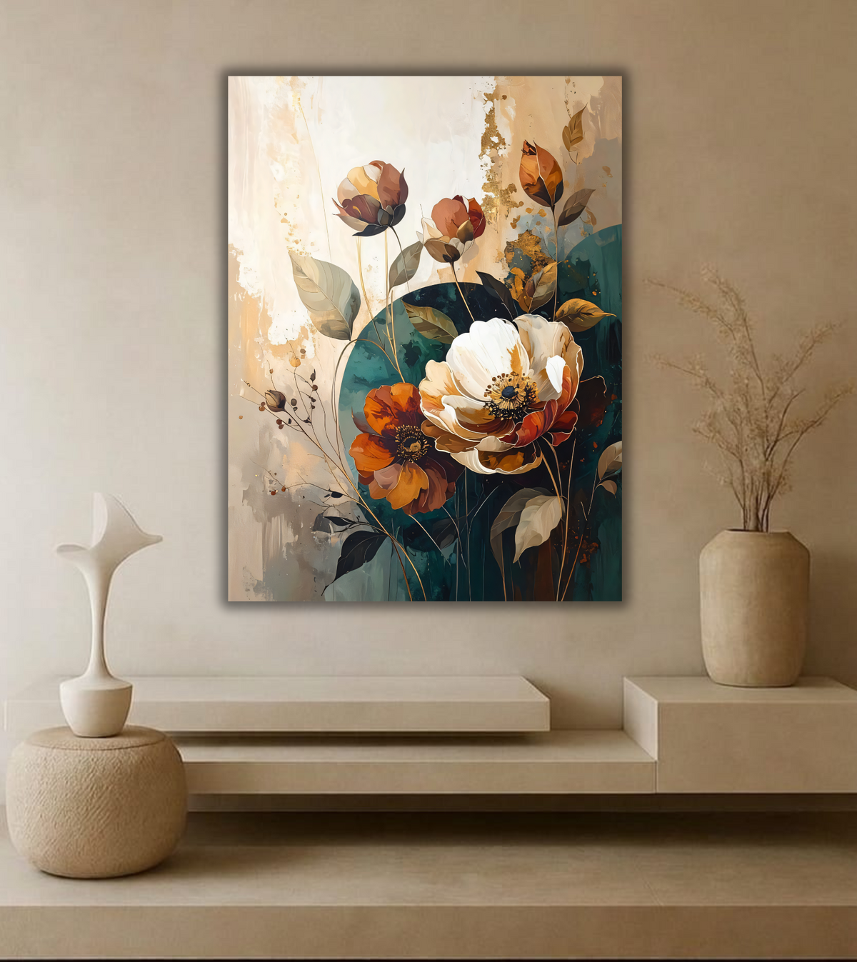Modern Terracotta & Teal Botanical Floral Canvas Print - Peony Wall Art with Golden Accents