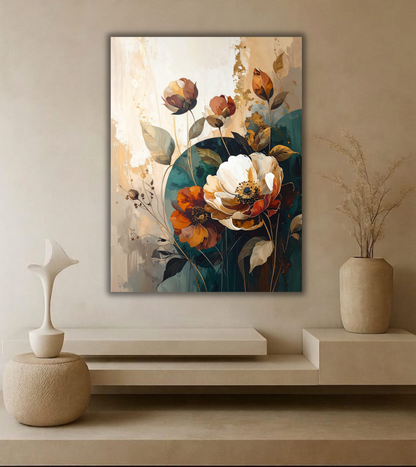 Modern Terracotta & Teal Botanical Floral Canvas Print - Peony Wall Art with Golden Accents