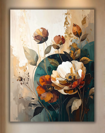 Modern Terracotta & Teal Botanical Floral Canvas Print - Peony Wall Art with Golden Accents