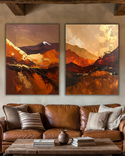 Modern Terracotta & Ochre 2-Piece Canvas Art Set - Abstract Mountain Ridge Diptych Wall Art