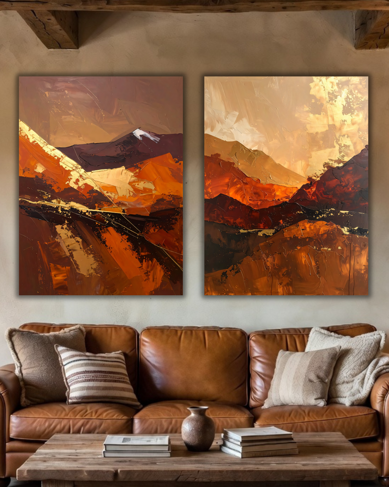 Modern Terracotta & Ochre 2-Piece Canvas Art Set - Abstract Mountain Ridge Diptych Wall Art