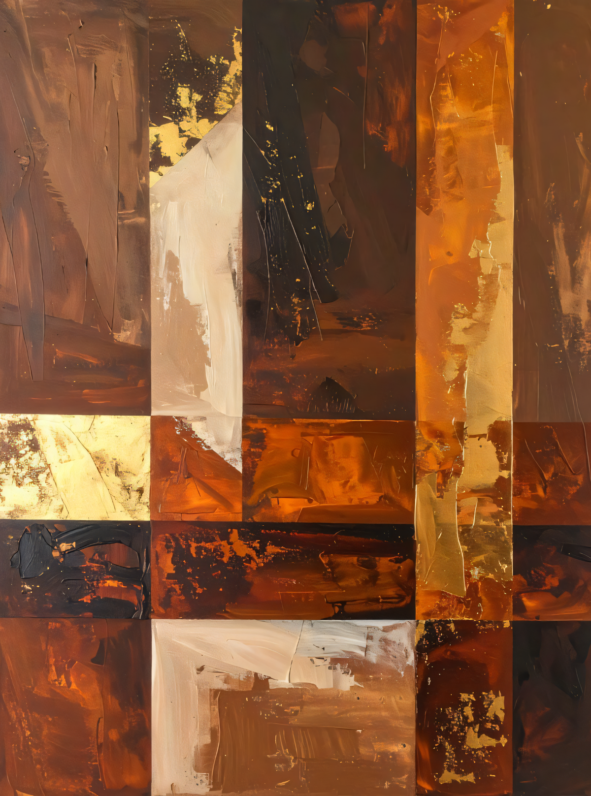 Modern Terracotta & Ochre Grid Abstract Canvas Print - Geometric Palette Knife Wall Art
