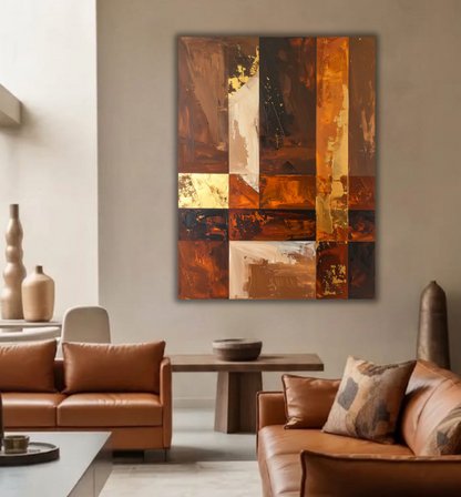 Modern Terracotta & Ochre Grid Abstract Canvas Print - Geometric Palette Knife Wall Art