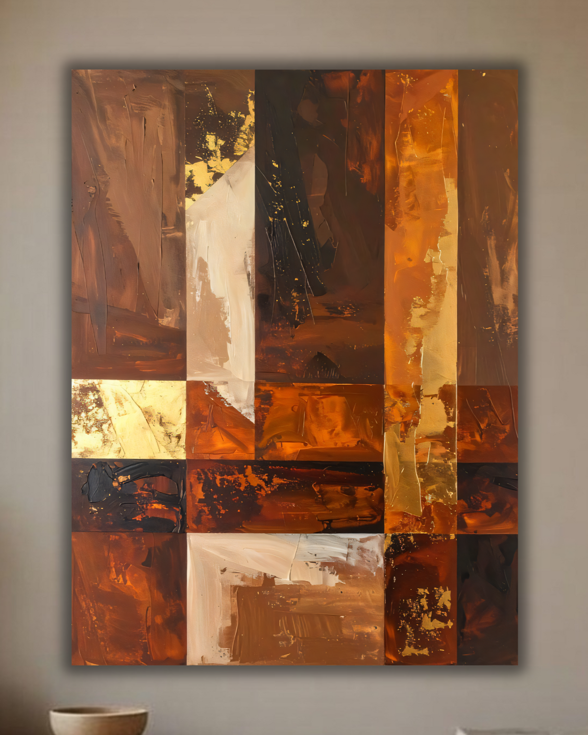Modern Terracotta & Ochre Grid Abstract Canvas Print - Geometric Palette Knife Wall Art