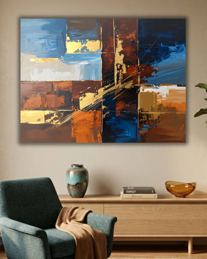 Modern Navy Blue & Terracotta Grid Abstract Canvas Print - Horizontal Geometric Wall Art