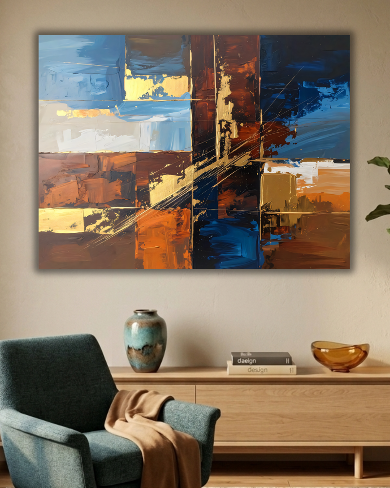 Modern Navy Blue & Terracotta Grid Abstract Canvas Print - Horizontal Geometric Wall Art