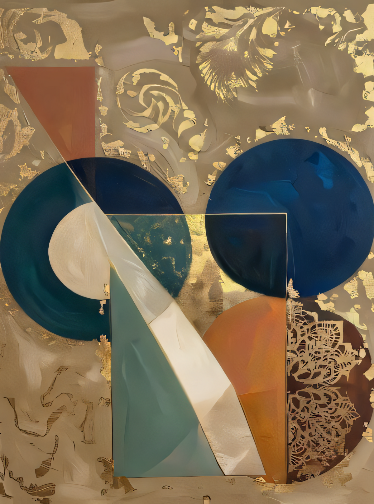 Modern Teal & Cobalt Blue Abstract Canvas Print - Golden-Hued Geometric Circle Wall Art