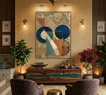 Modern Teal & Cobalt Blue Abstract Canvas Print - Golden-Hued Geometric Circle Wall Art
