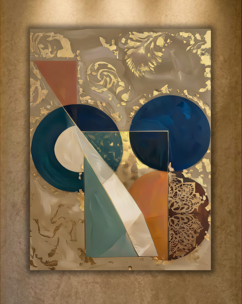 Modern Teal & Cobalt Blue Abstract Canvas Print - Golden-Hued Geometric Circle Wall Art