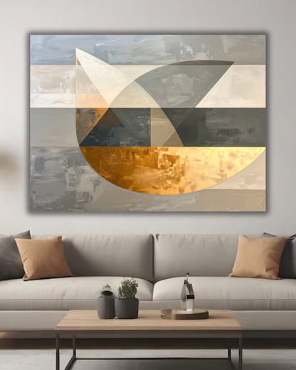 Modern Monochromatic Slate Grey Abstract Canvas Print - Golden Semicircle Geometric Wall Art