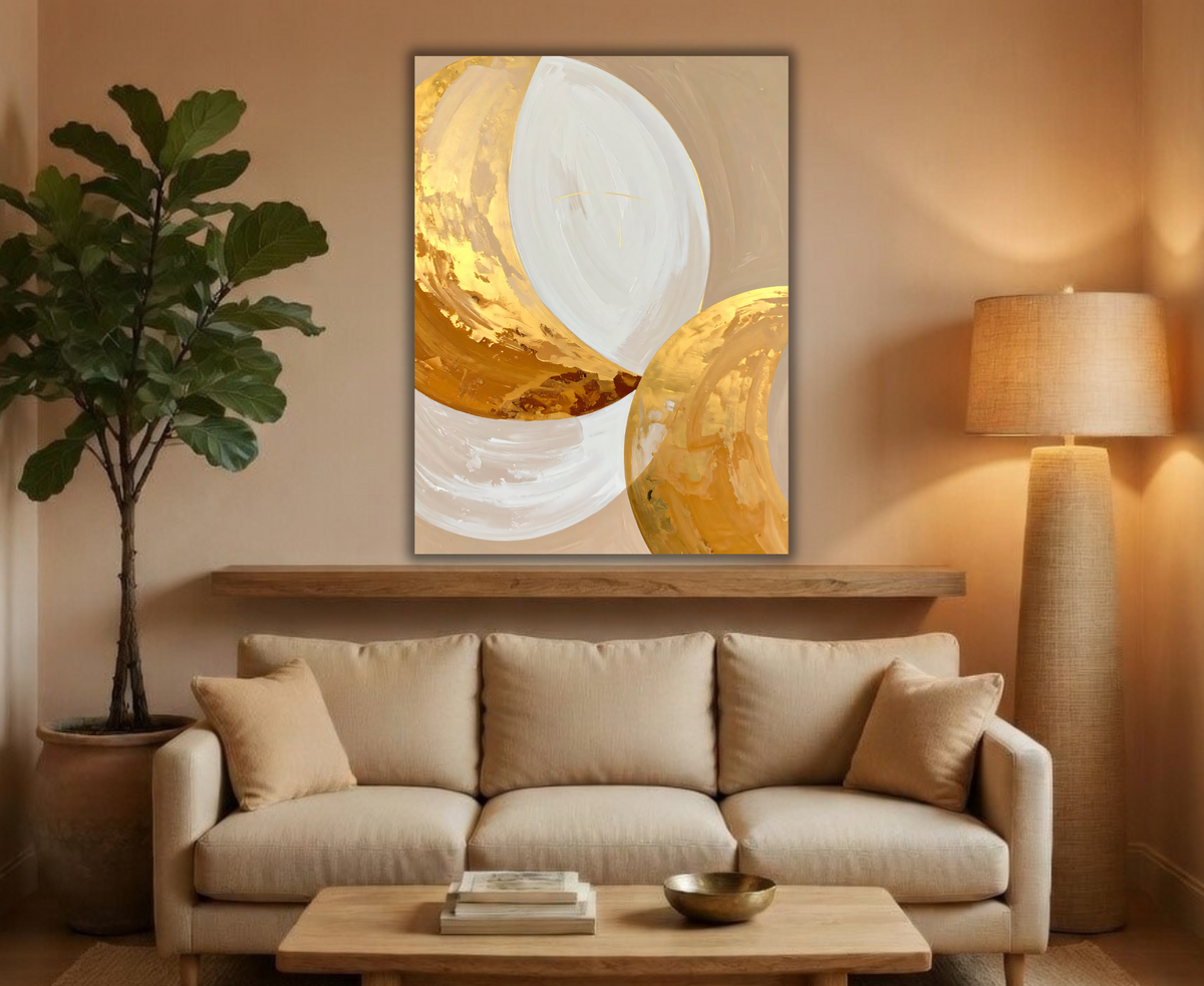 Modern Cream & Ochre Crescent Moon Abstract Canvas Print - Celestial Minimalist Wall Art