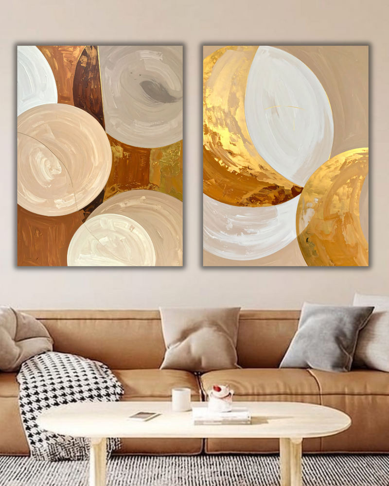 Modern Terracotta & Neutral Beige Abstract Canvas Art Set of 2 - Golden-Hued Celestial Geometry Wall Art Diptych