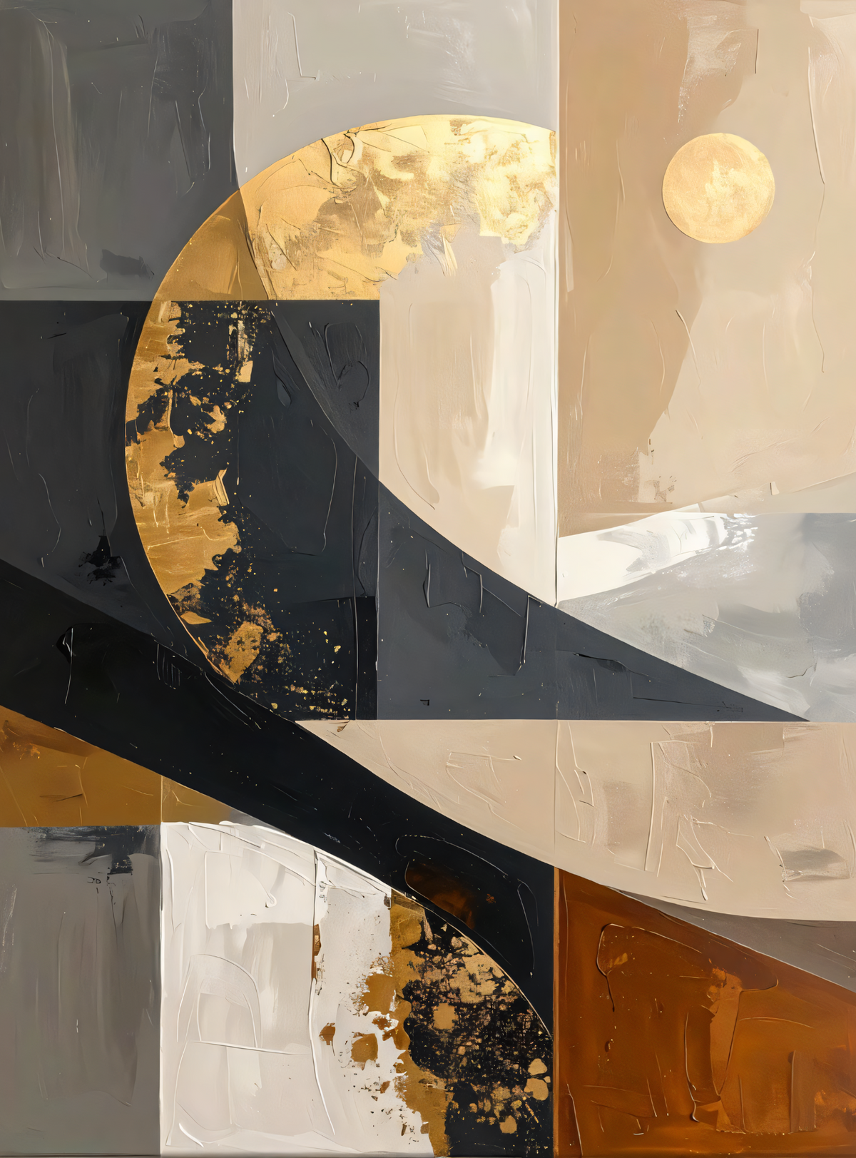 Modern Charcoal & Beige Geometric Canvas Print - Celestial Golden Semicircle Wall Art