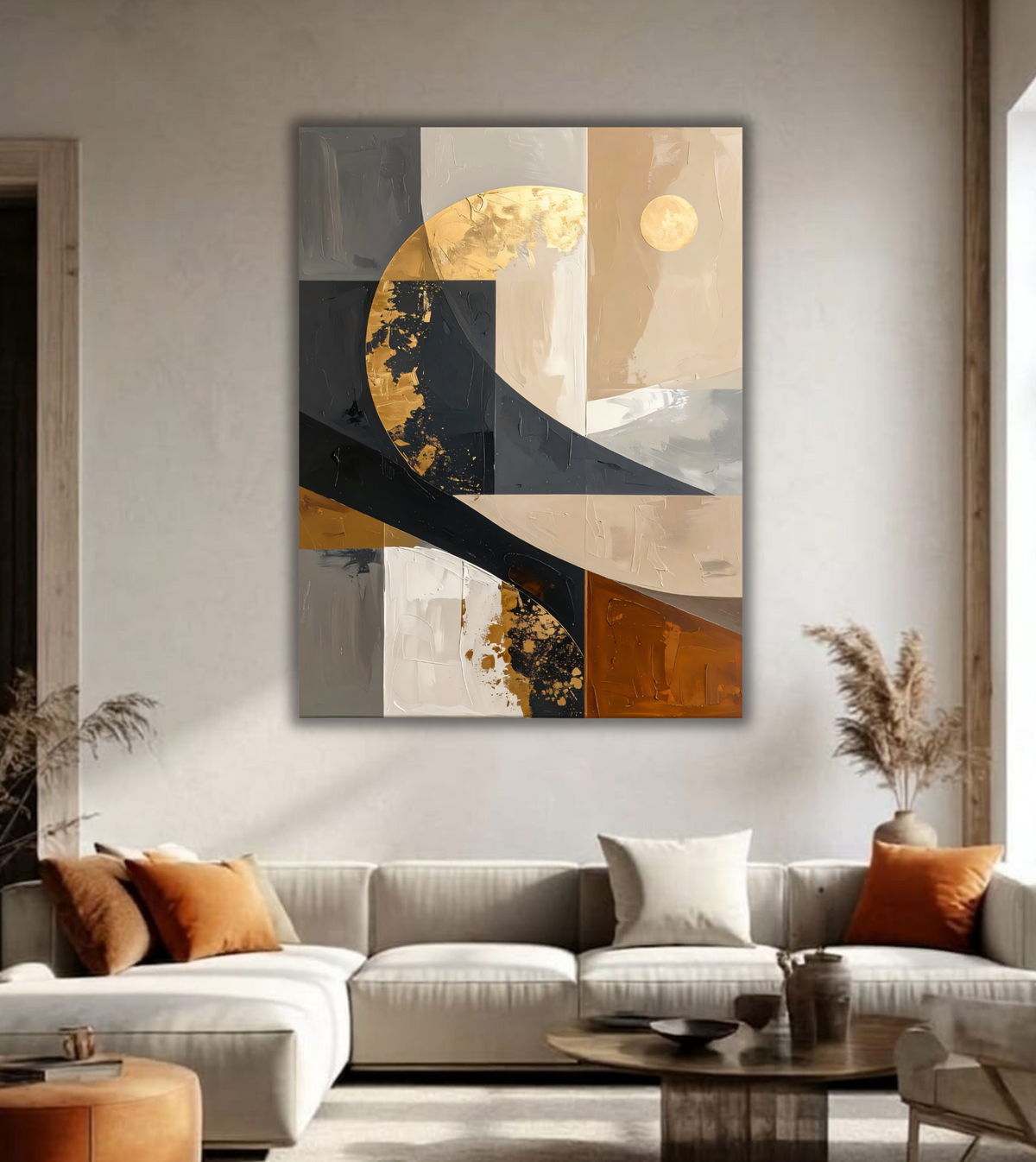 Modern Charcoal & Beige Geometric Canvas Print - Celestial Golden Semicircle Wall Art