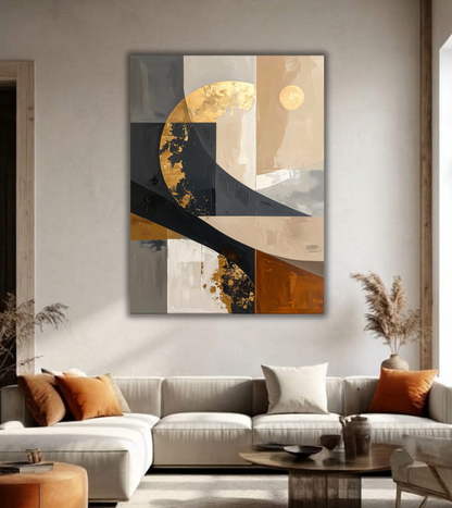 Modern Charcoal & Beige Geometric Canvas Print - Celestial Golden Semicircle Wall Art
