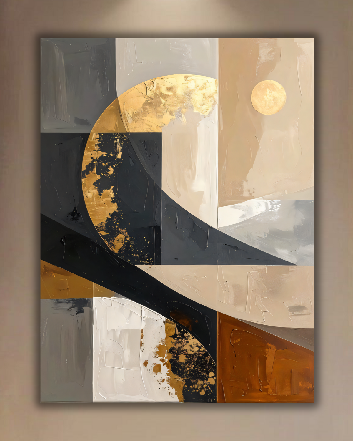 Modern Charcoal & Beige Geometric Canvas Print - Celestial Golden Semicircle Wall Art