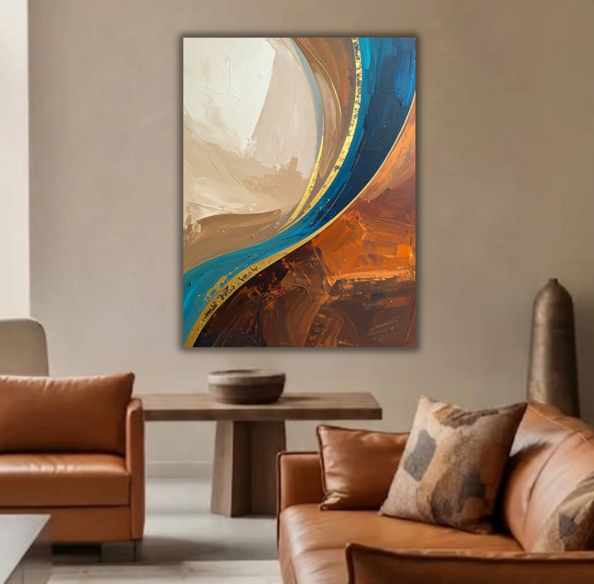 Modern Teal Blue & Burnt Terracotta Wave Canvas Print - Curved Abstract Fluid Wall Art