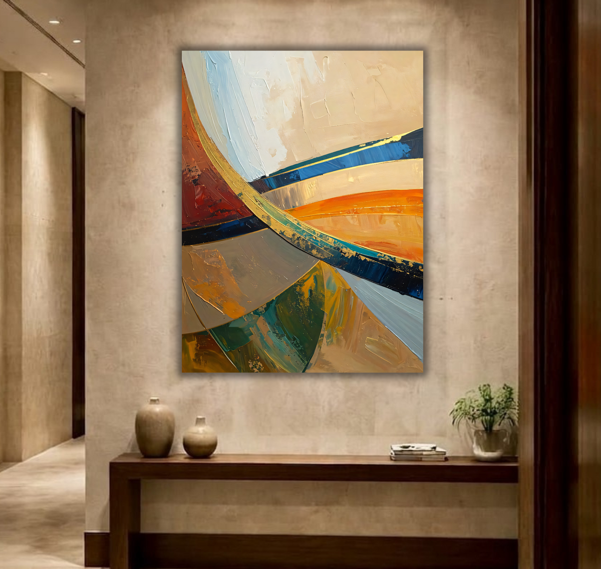 Modern Ocean Blue & Burnt Amber Abstract Canvas Print - Curved Wave Geometric Wall Art