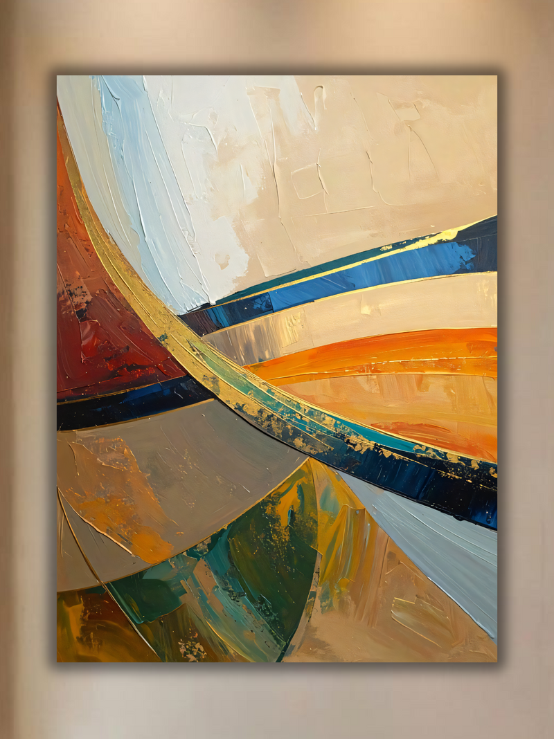 Modern Ocean Blue & Burnt Amber Abstract Canvas Print - Curved Wave Geometric Wall Art