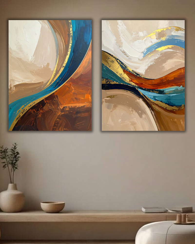 Modern Teal Blue & Burnt Terracotta Abstract Canvas Art Set of 2 - Curved Fluid Wave Wall Art Diptych