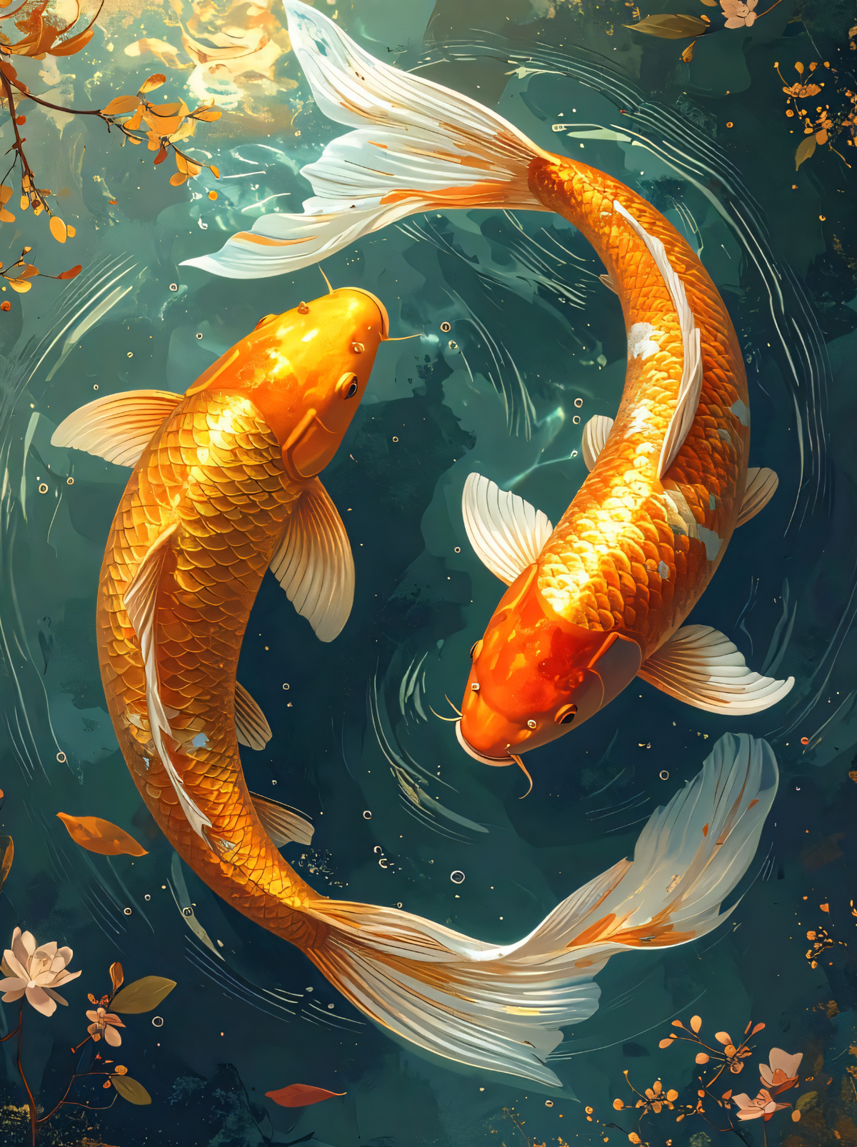 Golden Koi Fish Canvas Print - Celestial Yin Yang Circular Pond Wall Art
