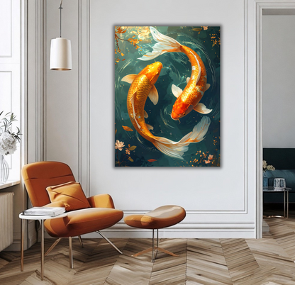 Golden Koi Fish Canvas Print - Celestial Yin Yang Circular Pond Wall Art
