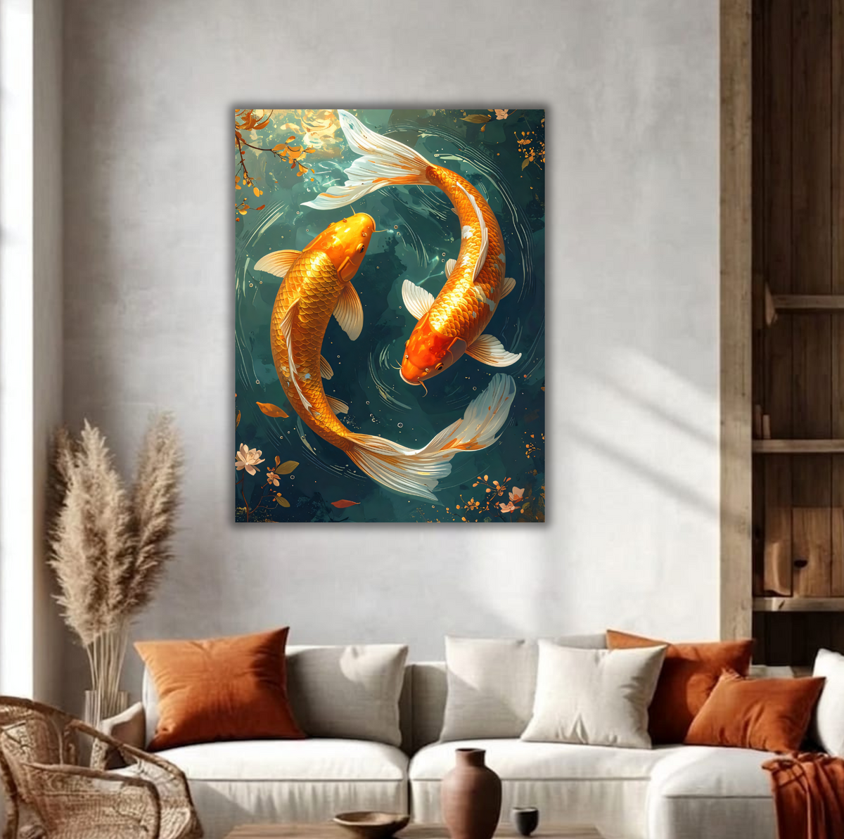 Golden Koi Fish Canvas Print - Celestial Yin Yang Circular Pond Wall Art