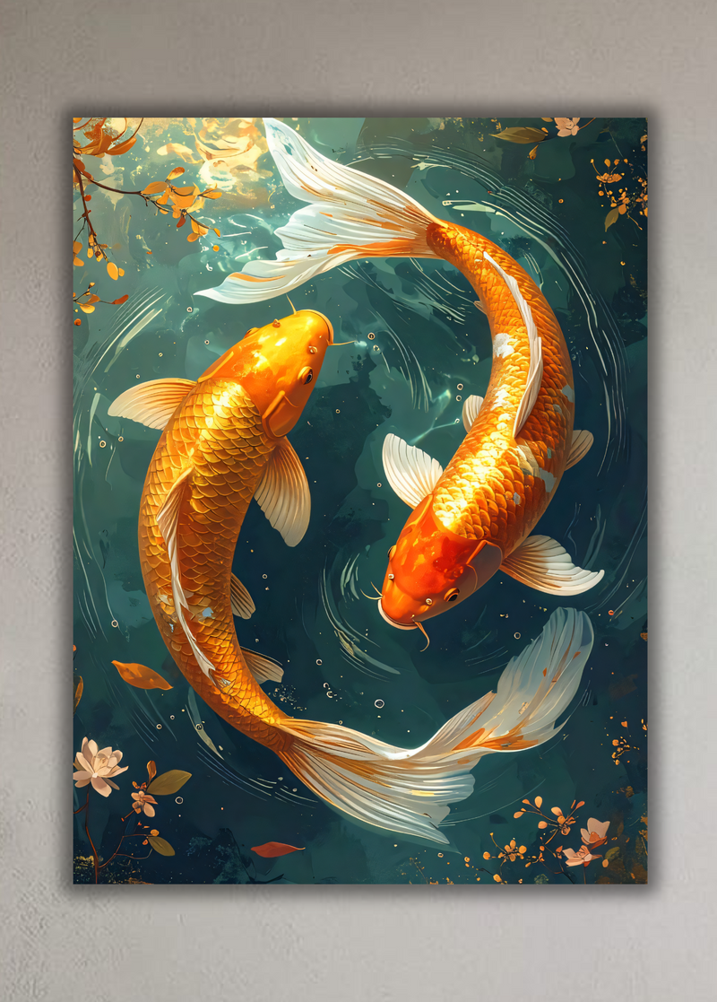 Golden Koi Fish Canvas Print - Celestial Yin Yang Circular Pond Wall Art