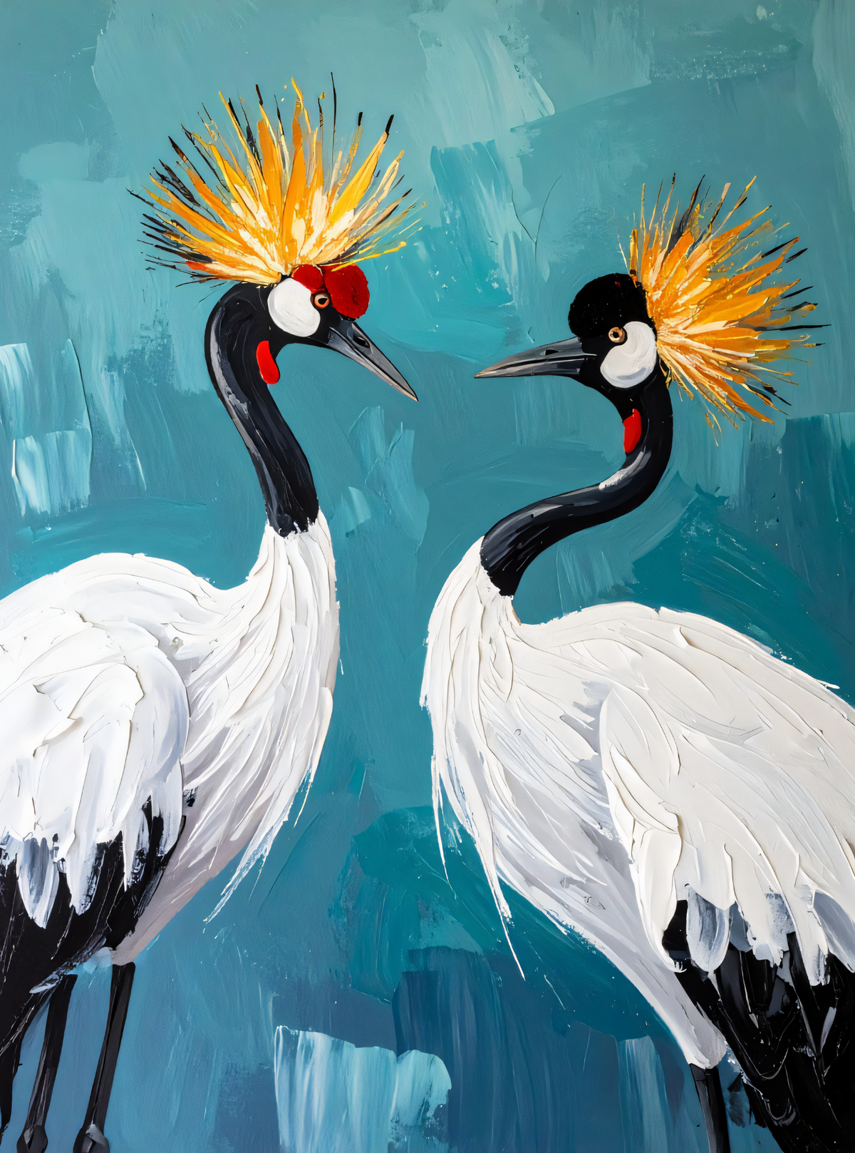 Red-Crowned Crane Couple Canvas Print - Impasto Japanese Wildlife Teal Wall Art