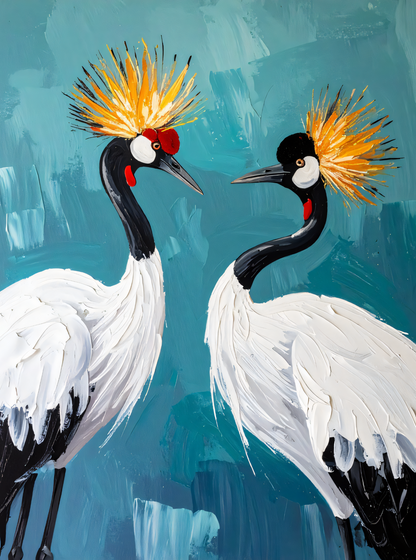 Red-Crowned Crane Couple Canvas Print - Impasto Japanese Wildlife Teal Wall Art