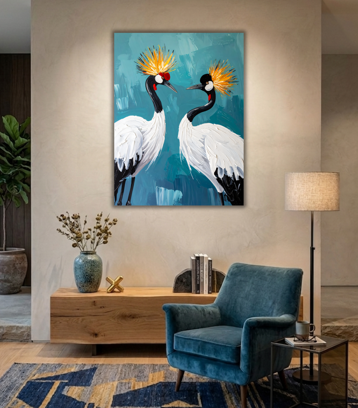 Red-Crowned Crane Couple Canvas Print - Impasto Japanese Wildlife Teal Wall Art