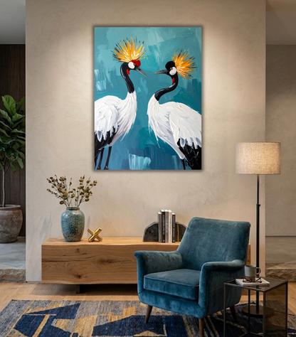 Red-Crowned Crane Couple Canvas Print - Impasto Japanese Wildlife Teal Wall Art