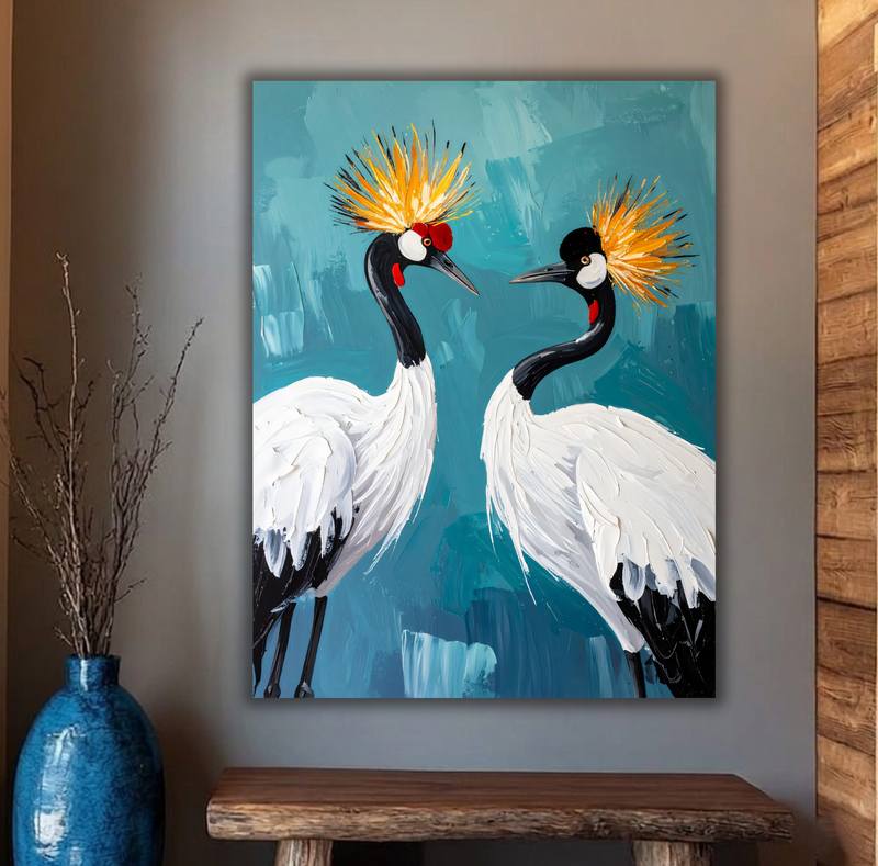 Red-Crowned Crane Couple Canvas Print - Impasto Japanese Wildlife Teal Wall Art