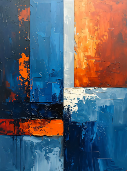 Modern Indigo Blue & Terracotta Color Block Canvas Print - Abstract Geometric Impasto Wall Art