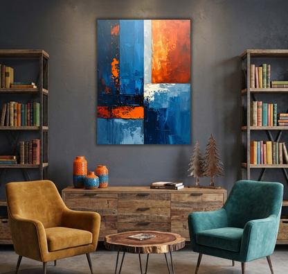 Modern Indigo Blue & Terracotta Color Block Canvas Print - Abstract Geometric Impasto Wall Art