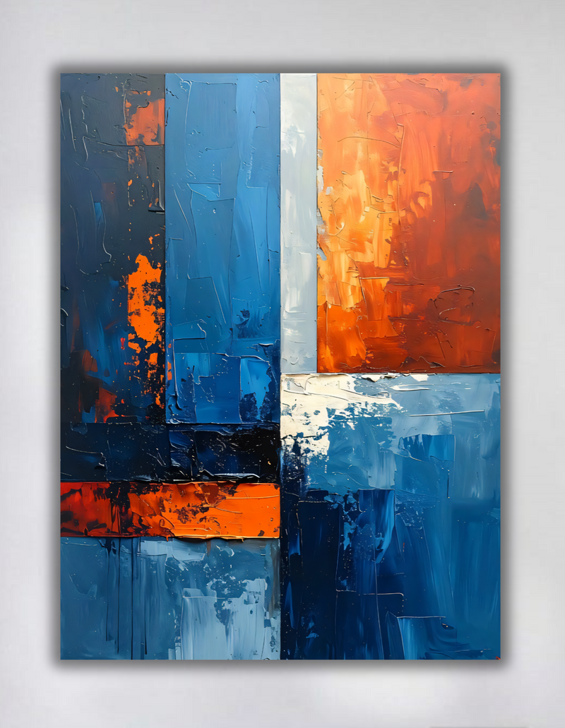 Modern Indigo Blue & Terracotta Color Block Canvas Print - Abstract Geometric Impasto Wall Art