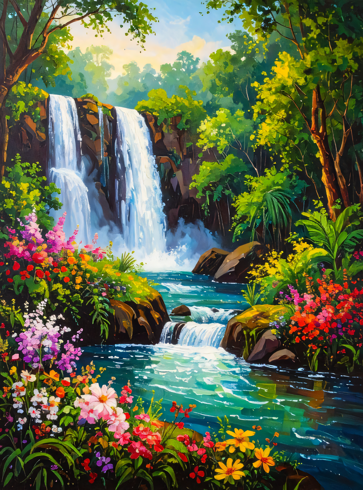 Vibrant Tropical Waterfall Canvas Print - Blooming Wildflower Forest River Wall Art