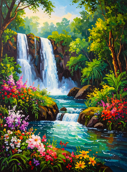 Vibrant Tropical Waterfall Canvas Print - Blooming Wildflower Forest River Wall Art