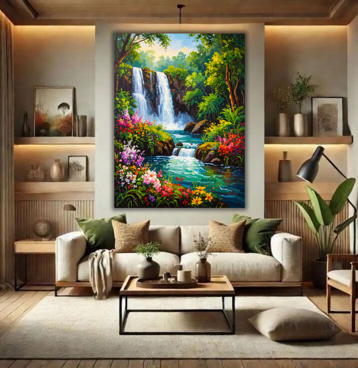 Vibrant Tropical Waterfall Canvas Print - Blooming Wildflower Forest River Wall Art