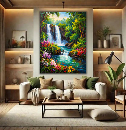 Vibrant Tropical Waterfall Canvas Print - Blooming Wildflower Forest River Wall Art
