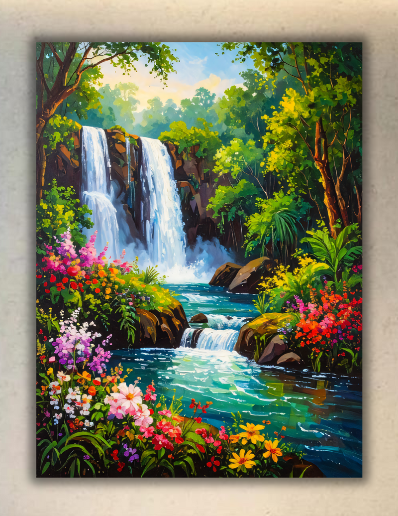Vibrant Tropical Waterfall Canvas Print - Blooming Wildflower Forest River Wall Art