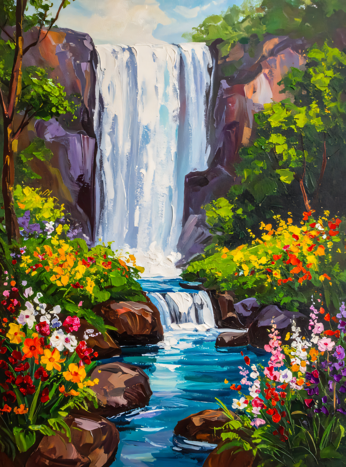Impasto Waterfall Canvas Print - Mountain Cliff Floral Stream Landscape Wall Art