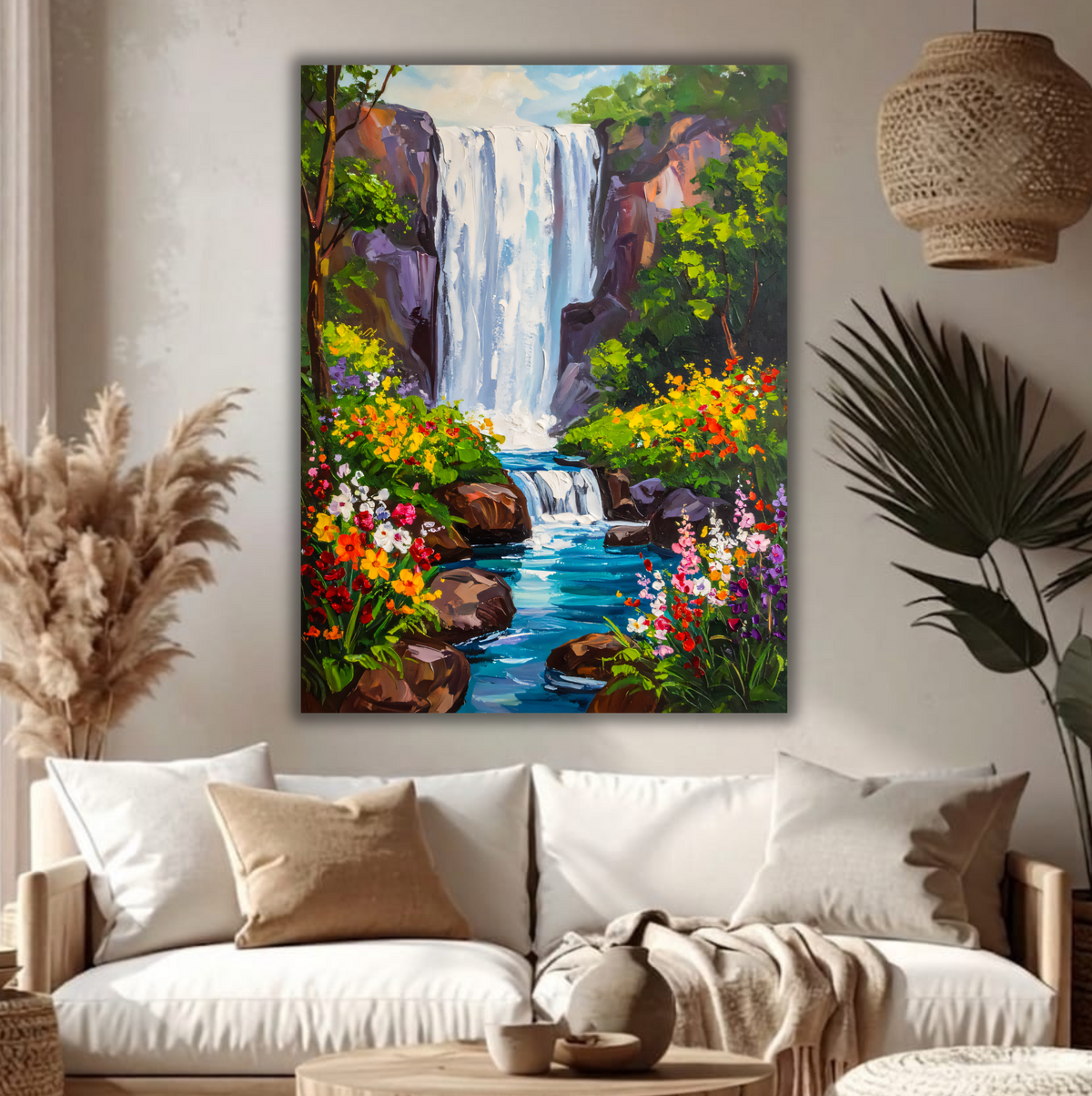 Impasto Waterfall Canvas Print - Mountain Cliff Floral Stream Landscape Wall Art