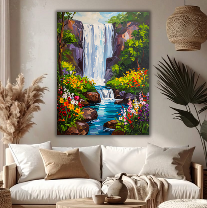 Impasto Waterfall Canvas Print - Mountain Cliff Floral Stream Landscape Wall Art