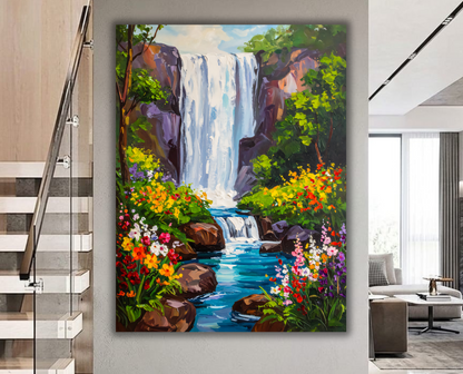 Impasto Waterfall Canvas Print - Mountain Cliff Floral Stream Landscape Wall Art