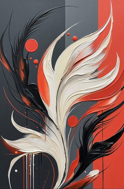 Modern Red Black & Cream Abstract Feather Canvas Print - Textured Impasto Flame Wall Art