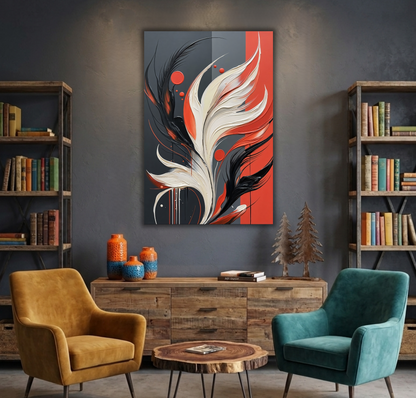 Modern Red Black & Cream Abstract Feather Canvas Print - Textured Impasto Flame Wall Art