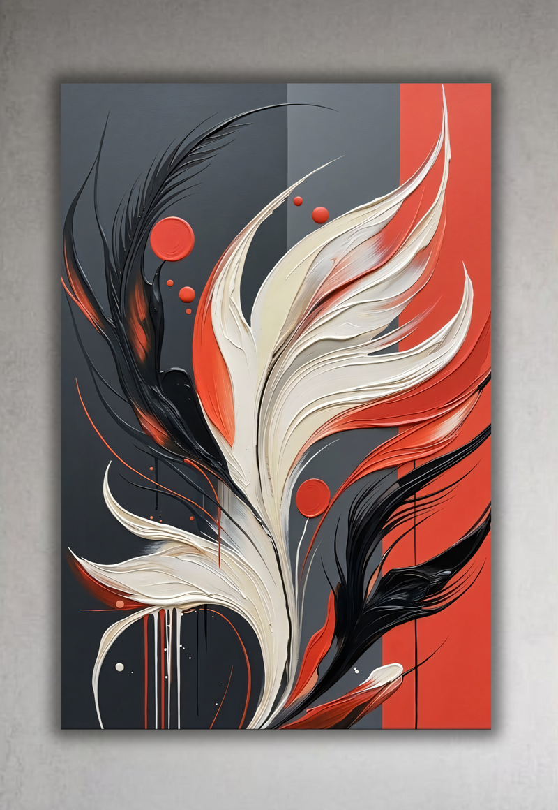 Modern Red Black & Cream Abstract Feather Canvas Print - Textured Impasto Flame Wall Art